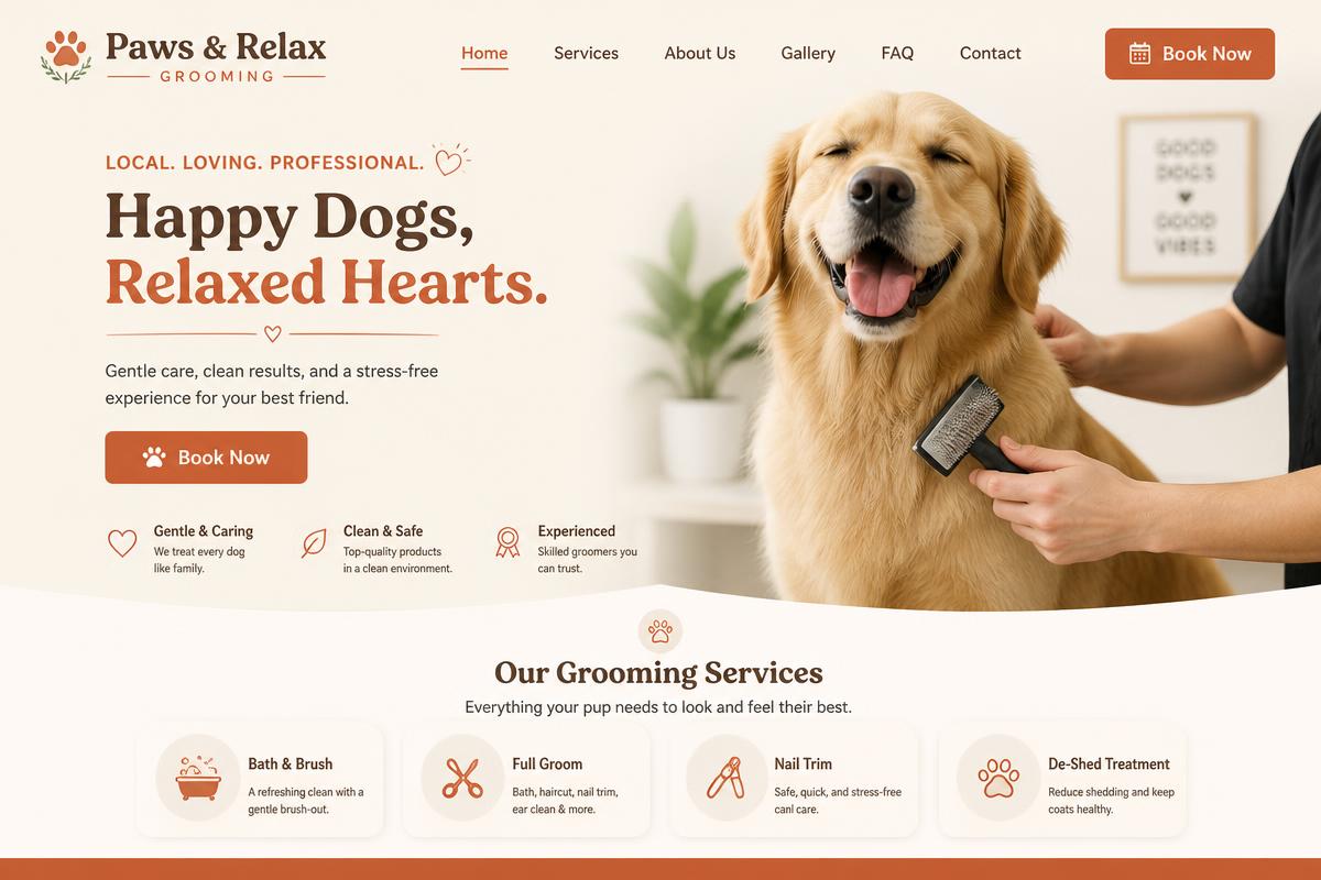 Example website design for a local dog grooming business, showing a warm, welcoming layout with a golden retriever and clear call-to-action buttons